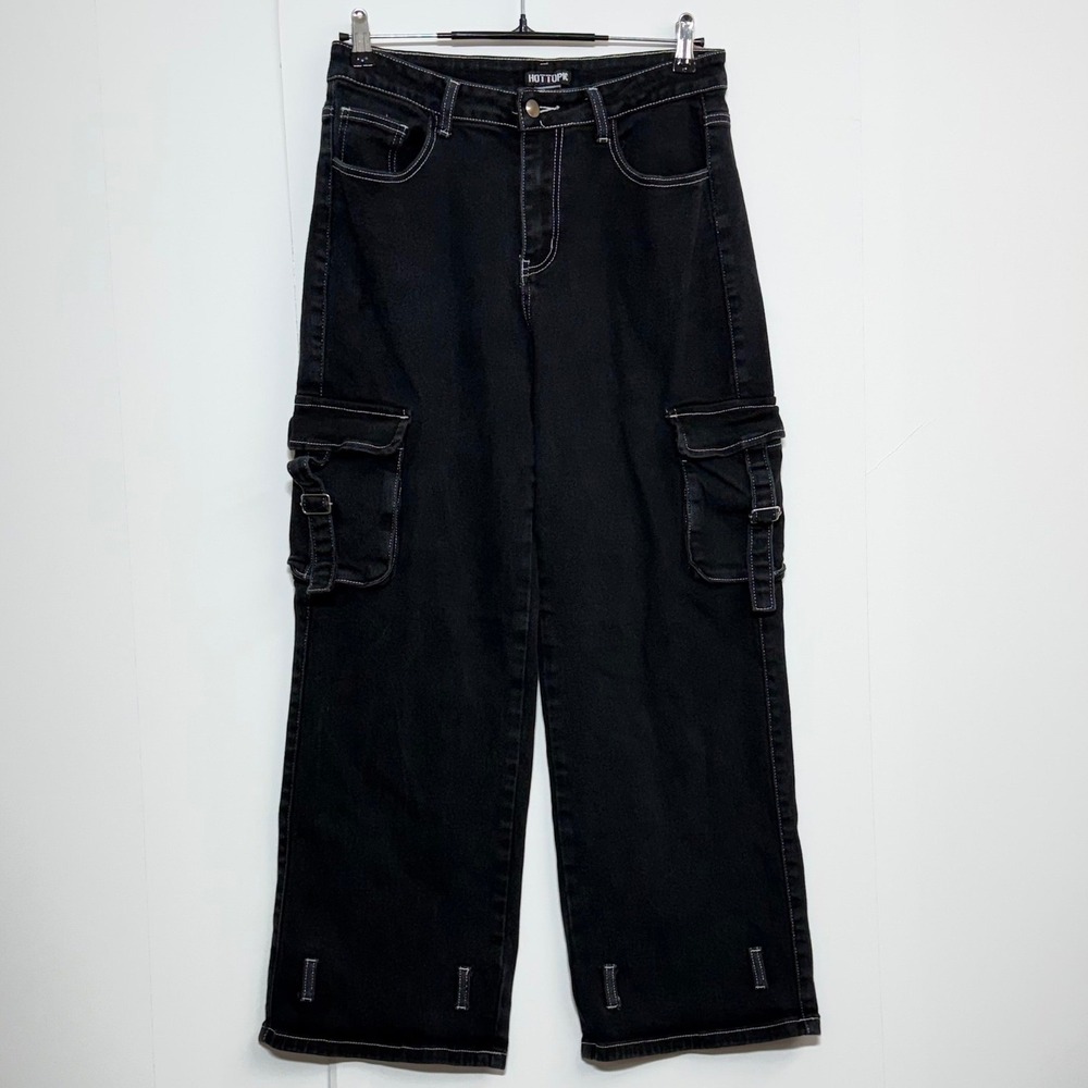 Hot Topic Jeans Womens 9 29x29 Black Cargo Wide Leg Utility Goth Grunge Y2K